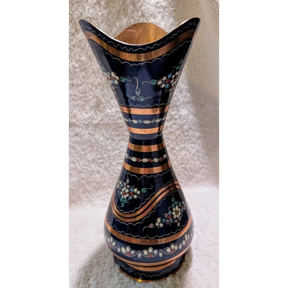 Vintage Turkish Hand Painted Brass Vase 10